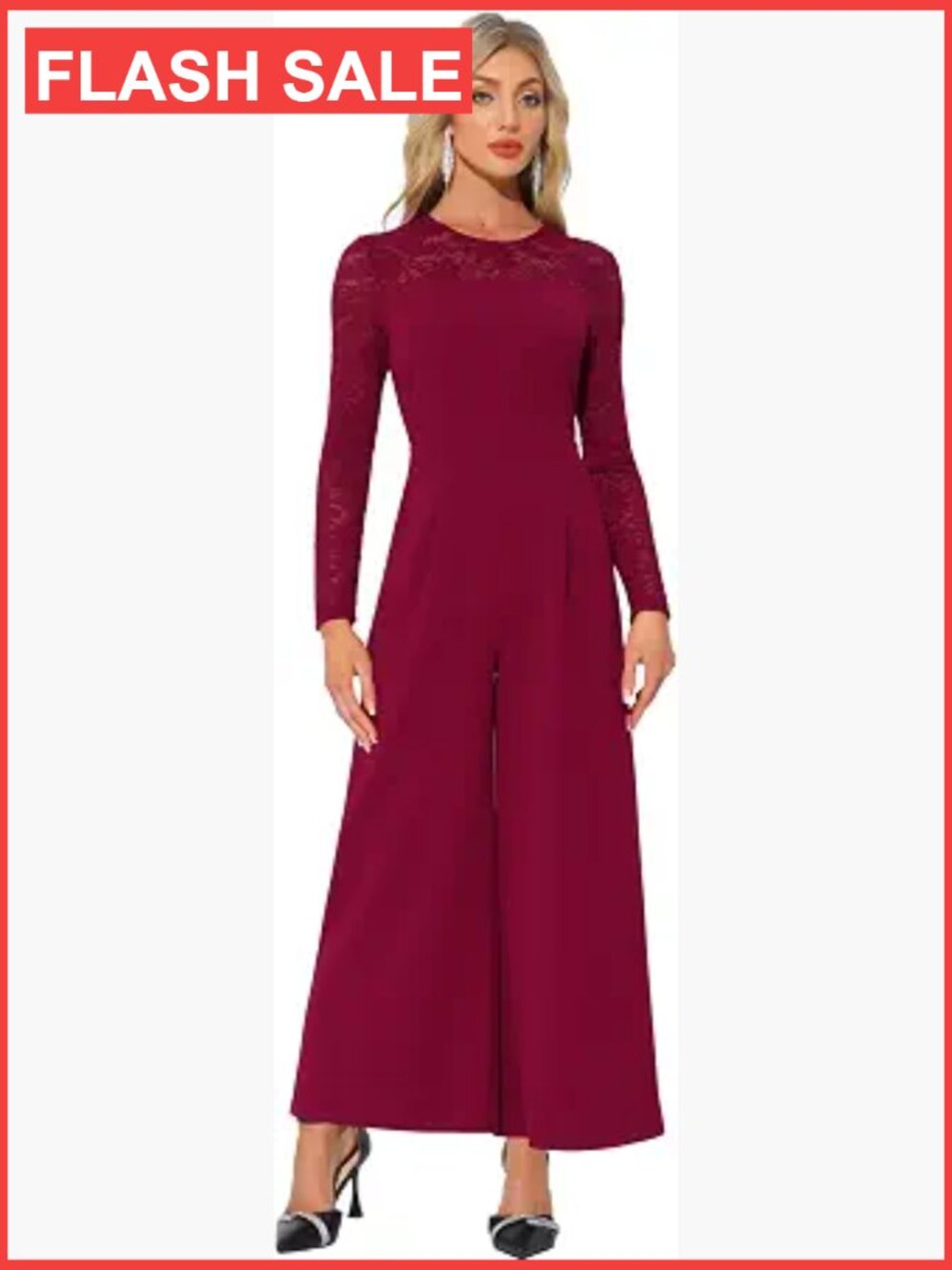 Elegant Mesh Lace Sleeve Wide Leg Romper Jumpsuit with Zipper Back